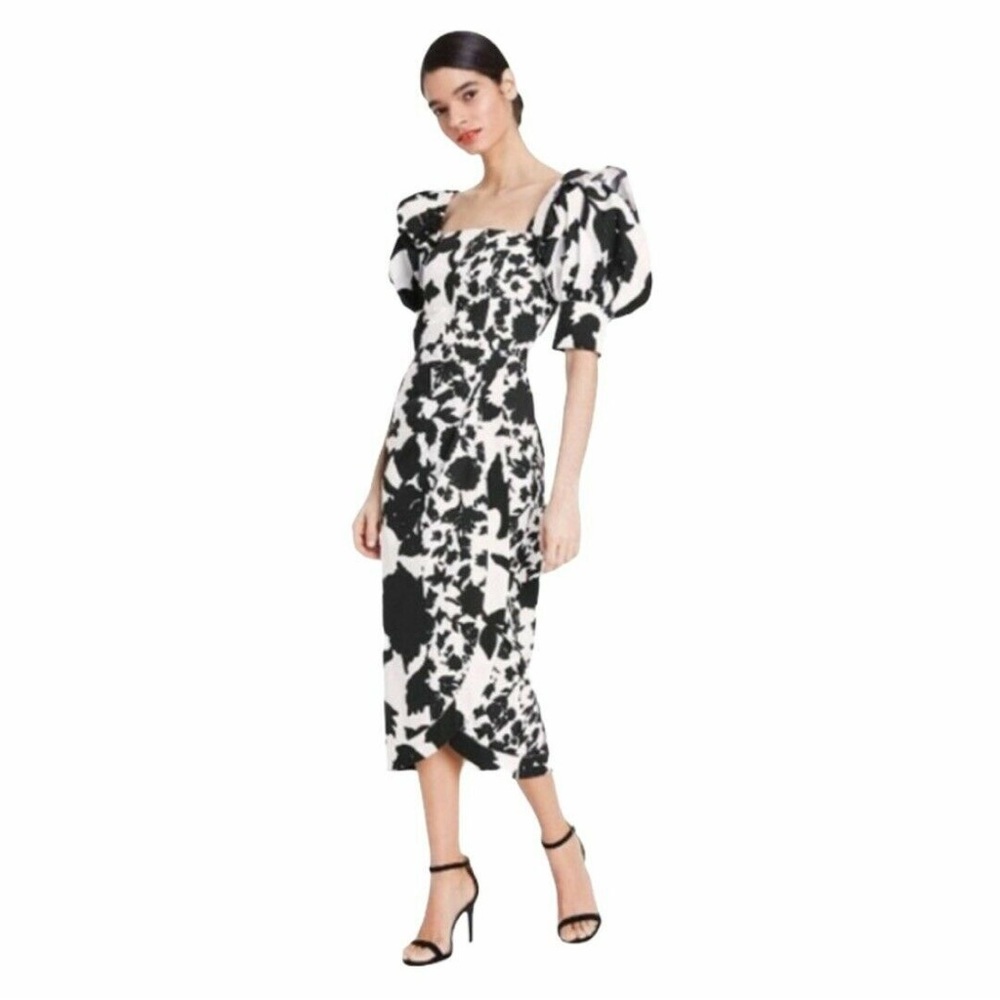 Christopher John Rogers Black and White Puff-Sleeve Midi Dress